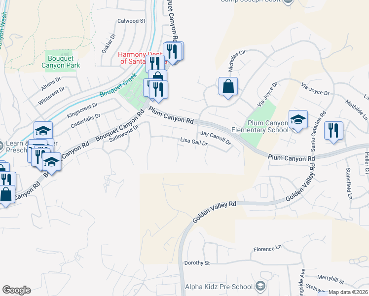 map of restaurants, bars, coffee shops, grocery stores, and more near 20550 Lisa Gail Drive in Santa Clarita