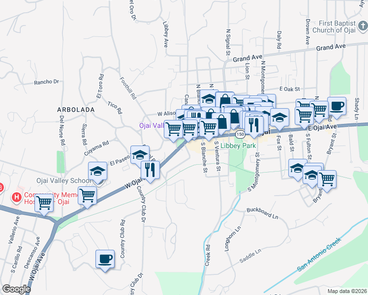 map of restaurants, bars, coffee shops, grocery stores, and more near 305 West Ojai Avenue in Ojai