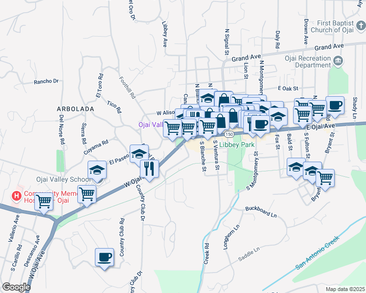 map of restaurants, bars, coffee shops, grocery stores, and more near 308 El Paseo Road in Ojai