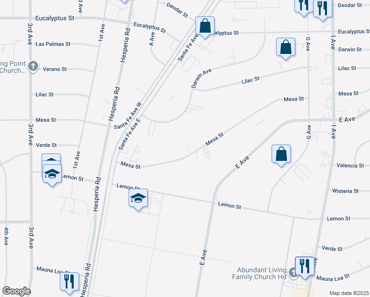 map of restaurants, bars, coffee shops, grocery stores, and more near 17130 Mesa Street in Hesperia