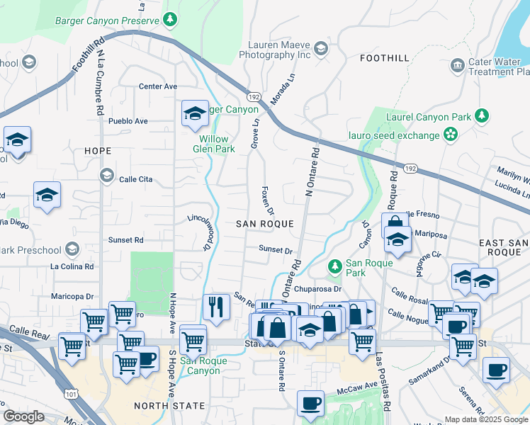 map of restaurants, bars, coffee shops, grocery stores, and more near 459 Foxen Drive in Santa Barbara