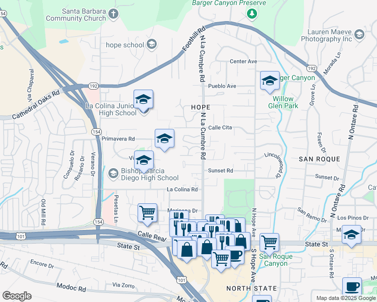 map of restaurants, bars, coffee shops, grocery stores, and more near 533 North La Cumbre Road in Santa Barbara
