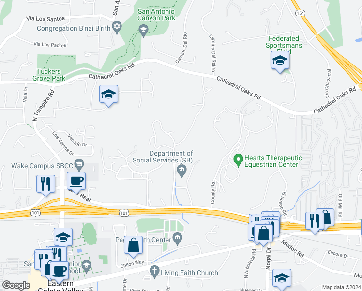 map of restaurants, bars, coffee shops, grocery stores, and more near 4565 Oak Glen Drive in Santa Barbara