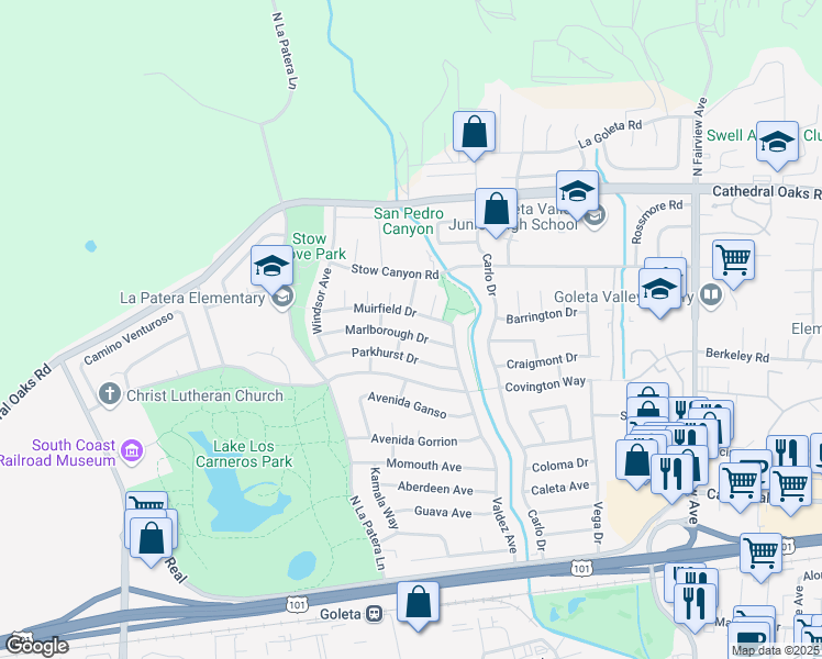 map of restaurants, bars, coffee shops, grocery stores, and more near 6234 Marlborough Drive in Goleta