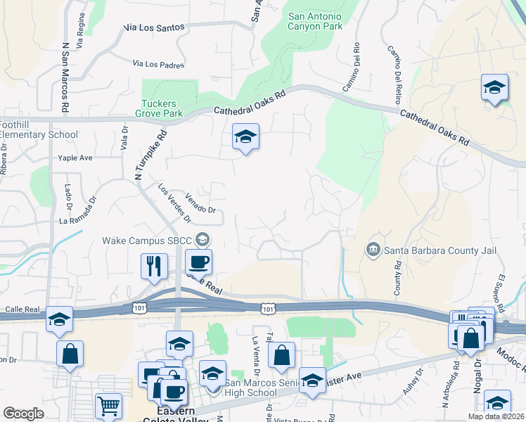map of restaurants, bars, coffee shops, grocery stores, and more near 4698 Granada Way in Santa Barbara
