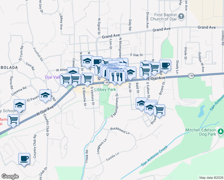 map of restaurants, bars, coffee shops, grocery stores, and more near 201 South Montgomery Street in Ojai
