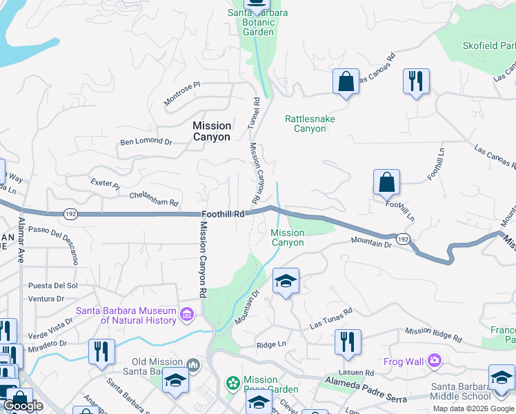 map of restaurants, bars, coffee shops, grocery stores, and more near 905 Mission Canyon Road in Santa Barbara