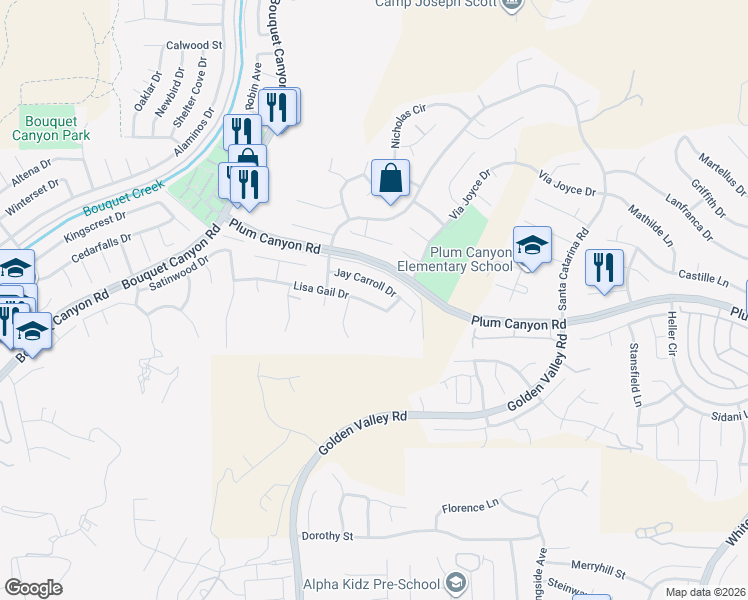 map of restaurants, bars, coffee shops, grocery stores, and more near 20371 Lisa Gail Drive in Santa Clarita