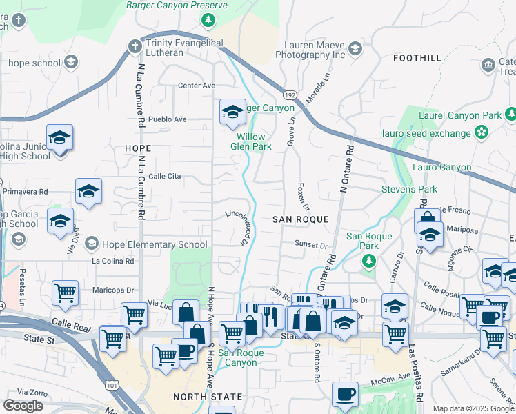 map of restaurants, bars, coffee shops, grocery stores, and more near 3735 Essex Street in Santa Barbara