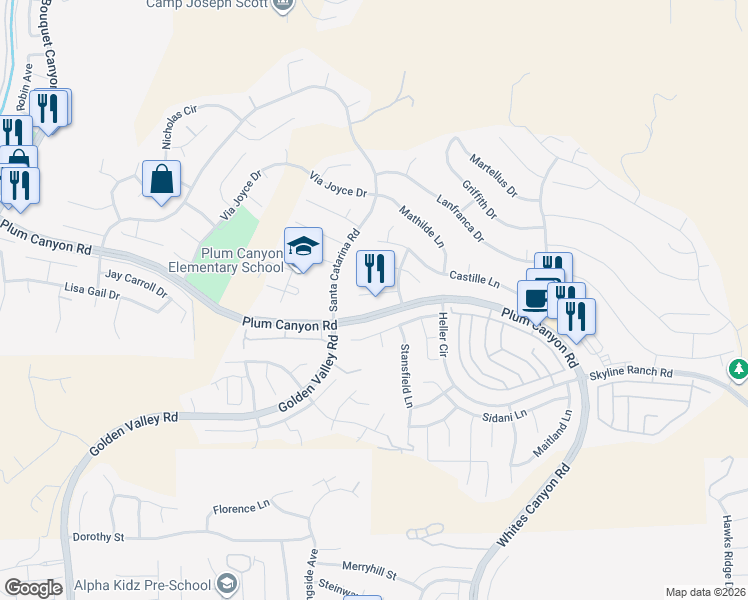 map of restaurants, bars, coffee shops, grocery stores, and more near 19736 Paige Place in Santa Clarita