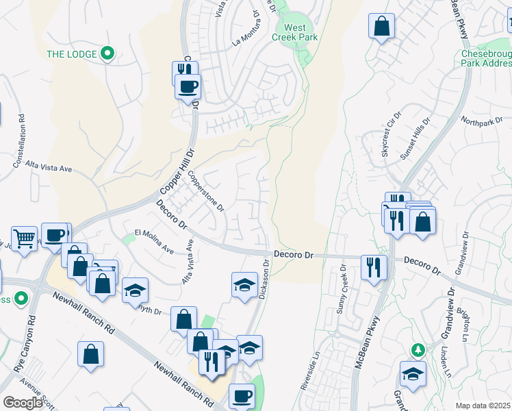 map of restaurants, bars, coffee shops, grocery stores, and more near 27976 Trillium Lane in Santa Clarita