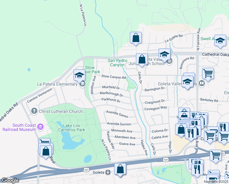 map of restaurants, bars, coffee shops, grocery stores, and more near 6244 Marlborough Drive in Goleta