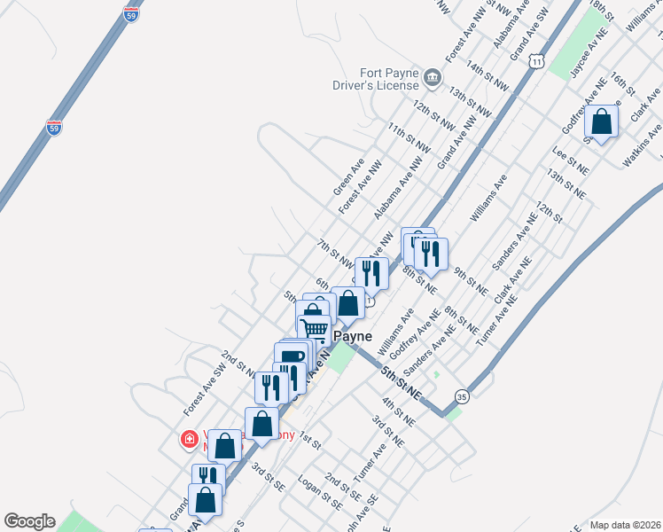 map of restaurants, bars, coffee shops, grocery stores, and more near 611 Forest Avenue Northwest in Fort Payne
