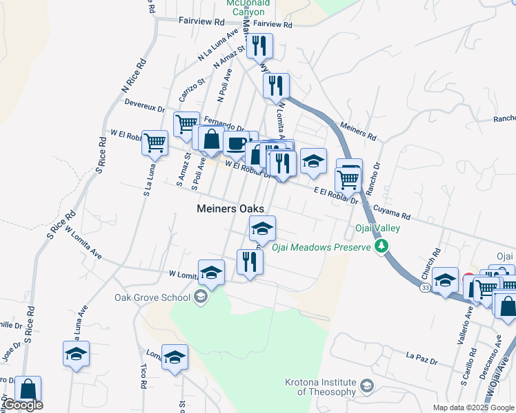 map of restaurants, bars, coffee shops, grocery stores, and more near 151 South Lomita Avenue in Ojai