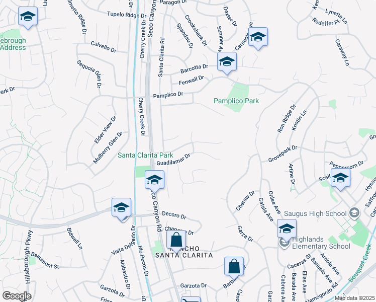 map of restaurants, bars, coffee shops, grocery stores, and more near 22509 Guadilamar Drive in Santa Clarita
