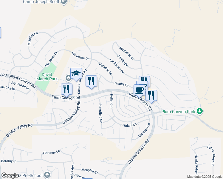 map of restaurants, bars, coffee shops, grocery stores, and more near Plum Canyon Road & Heller Circle in Santa Clarita