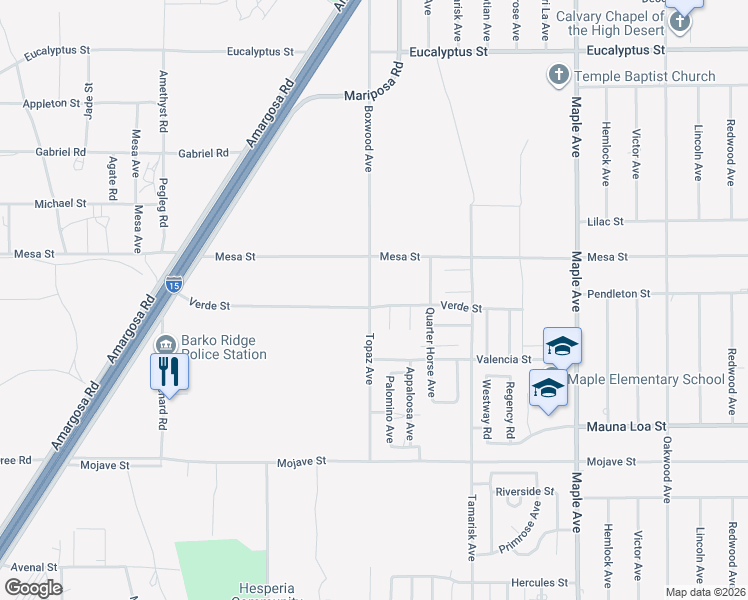 map of restaurants, bars, coffee shops, grocery stores, and more near 14130 Verde Street in Hesperia