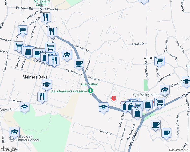 map of restaurants, bars, coffee shops, grocery stores, and more near 338 Montana Road in Ojai