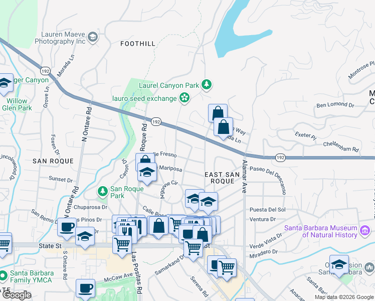 map of restaurants, bars, coffee shops, grocery stores, and more near 3121 Calle Madera in Santa Barbara