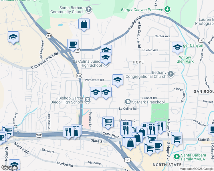 map of restaurants, bars, coffee shops, grocery stores, and more near 425 Via Rosa in Santa Barbara