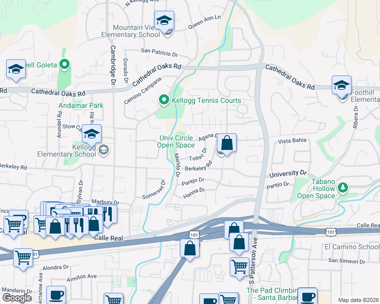 map of restaurants, bars, coffee shops, grocery stores, and more near 456 Toltec Way in Santa Barbara