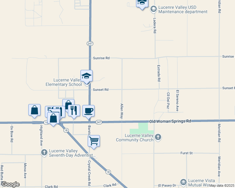 map of restaurants, bars, coffee shops, grocery stores, and more near 10656 Allen Way in Lucerne Valley