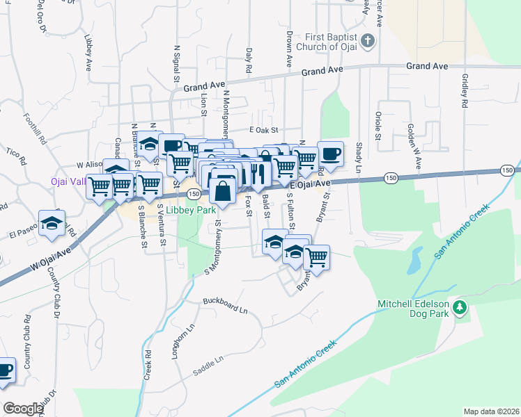 map of restaurants, bars, coffee shops, grocery stores, and more near 201 Bald Street in Ojai