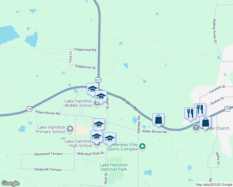 map of restaurants, bars, coffee shops, grocery stores, and more near 3502 Airport Road in Pearcy