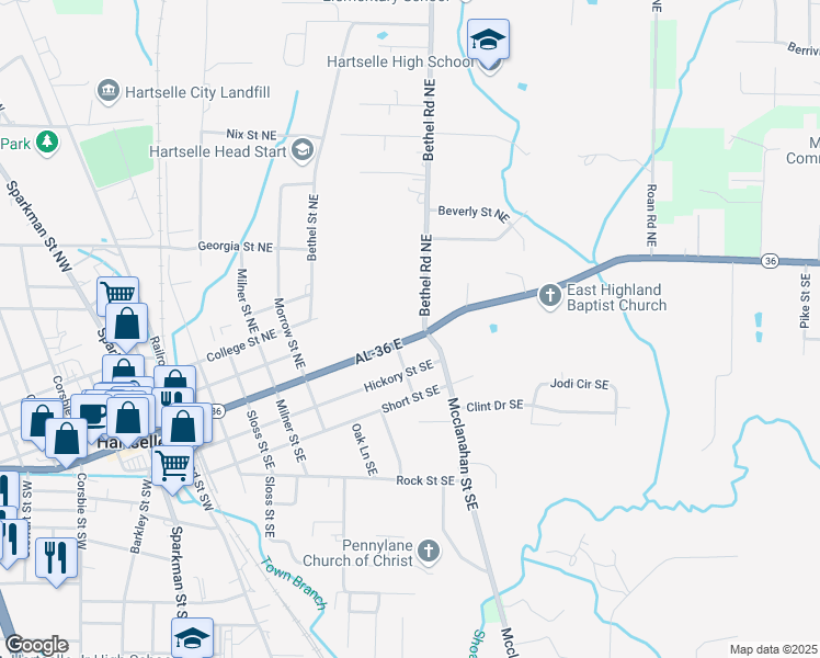 map of restaurants, bars, coffee shops, grocery stores, and more near 105 Bethel Road Northeast in Hartselle