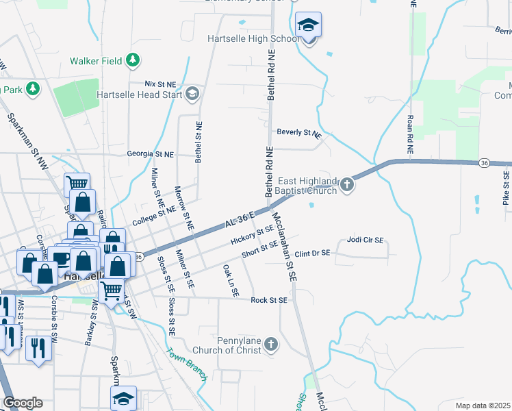 map of restaurants, bars, coffee shops, grocery stores, and more near 105 Bethel Road Northeast in Hartselle