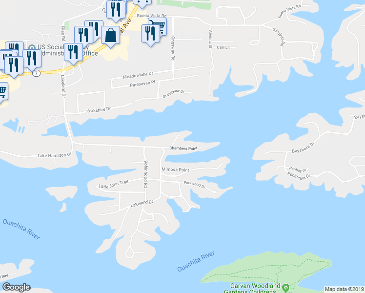 map of restaurants, bars, coffee shops, grocery stores, and more near 107 Chambers Point in Hot Springs