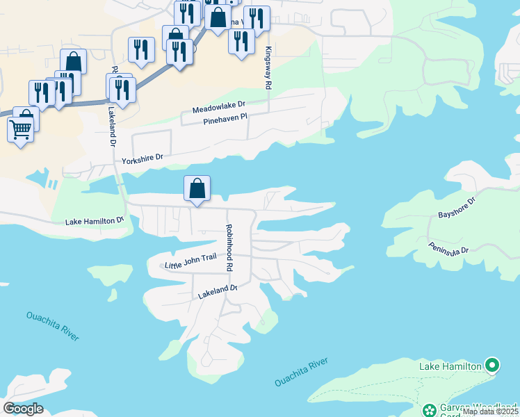 map of restaurants, bars, coffee shops, grocery stores, and more near 451 Lakeland Drive in Hot Springs
