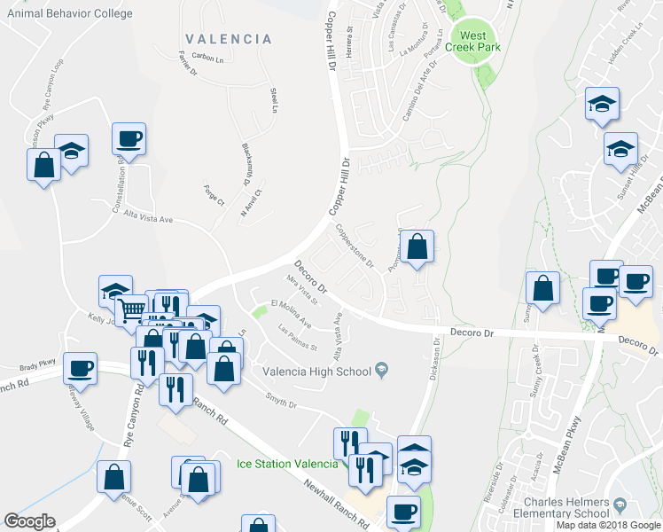 map of restaurants, bars, coffee shops, grocery stores, and more near 24147 Del Monte Drive in Santa Clarita