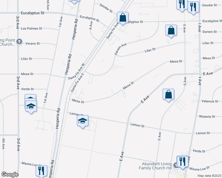 map of restaurants, bars, coffee shops, grocery stores, and more near 17130 Mesa Street in Hesperia