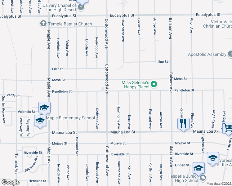 map of restaurants, bars, coffee shops, grocery stores, and more near 14949 Pendleton Street in Hesperia