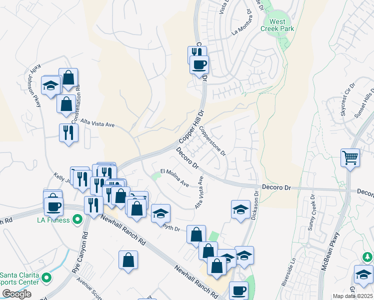 map of restaurants, bars, coffee shops, grocery stores, and more near 24614 Montevista Circle in Santa Clarita