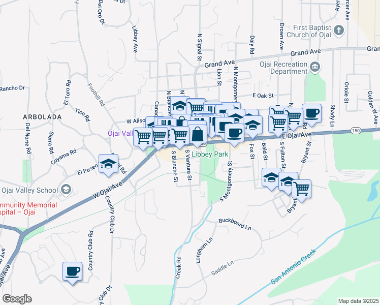 map of restaurants, bars, coffee shops, grocery stores, and more near 111 East Ojai Avenue in Ojai