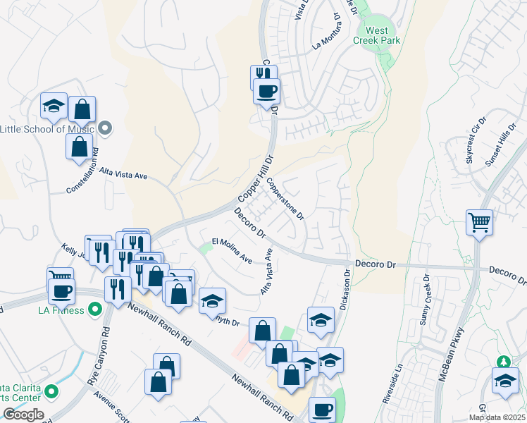 map of restaurants, bars, coffee shops, grocery stores, and more near 24428 Montevista Circle in Santa Clarita