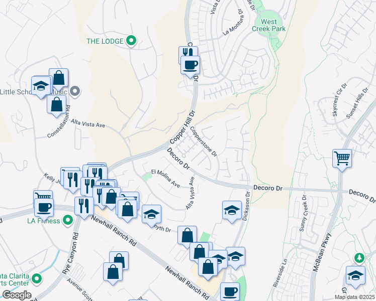 map of restaurants, bars, coffee shops, grocery stores, and more near 24483 Montevista Circle in Santa Clarita