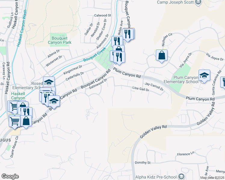 map of restaurants, bars, coffee shops, grocery stores, and more near 28011 Charles Drive in Santa Clarita