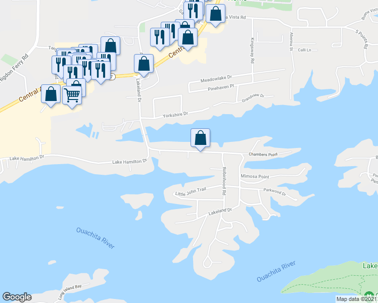 map of restaurants, bars, coffee shops, grocery stores, and more near 352 Lakeland Drive in Garland County