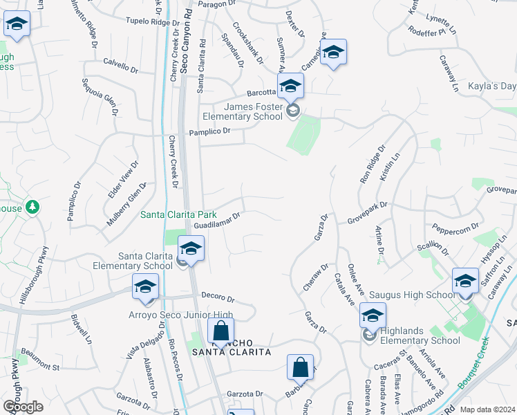 map of restaurants, bars, coffee shops, grocery stores, and more near 22459 Guadilamar Drive in Santa Clarita