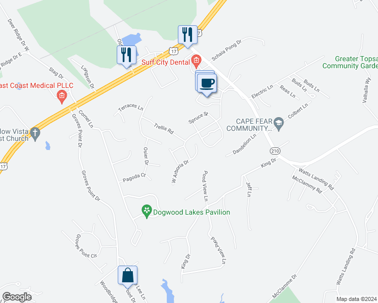 map of restaurants, bars, coffee shops, grocery stores, and more near 606 Alston Boulevard in Hampstead