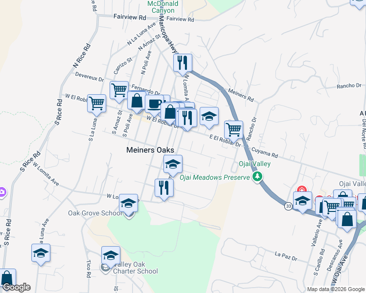 map of restaurants, bars, coffee shops, grocery stores, and more near 160 South Lomita Avenue in Ojai