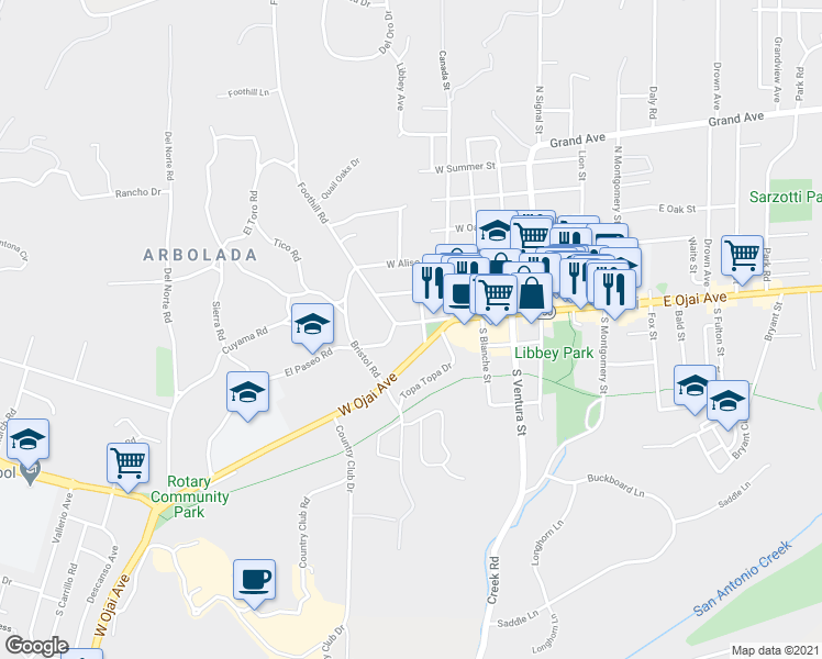 map of restaurants, bars, coffee shops, grocery stores, and more near 405 El Paseo Road in Ojai