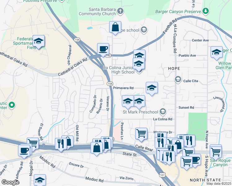 map of restaurants, bars, coffee shops, grocery stores, and more near 2550 California 154 in Santa Barbara