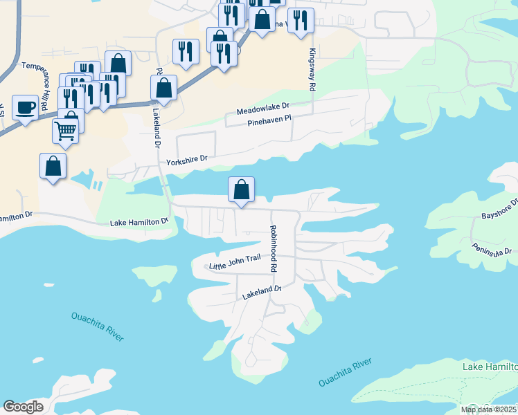 map of restaurants, bars, coffee shops, grocery stores, and more near 419 Lakeland Drive in Hot Springs