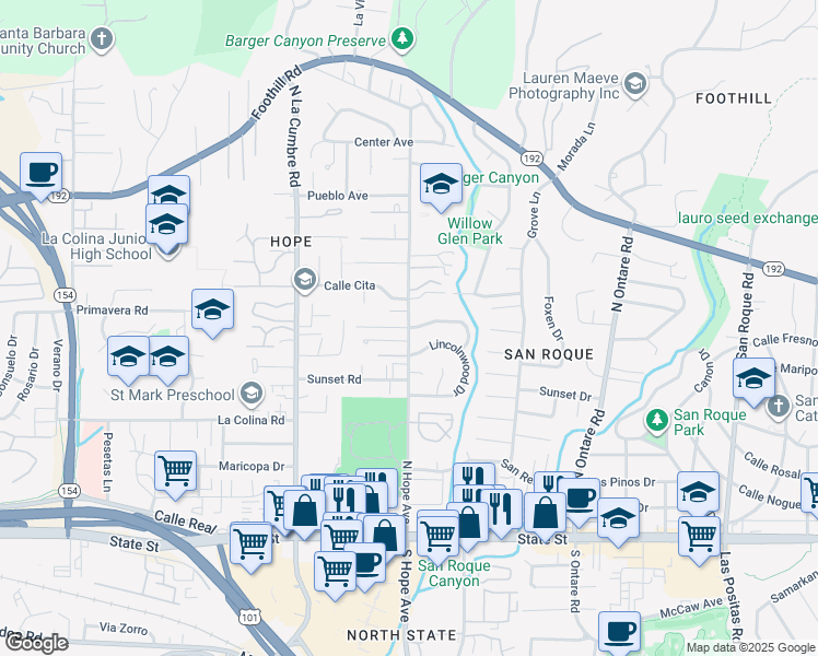 map of restaurants, bars, coffee shops, grocery stores, and more near North Hope Avenue in Santa Barbara