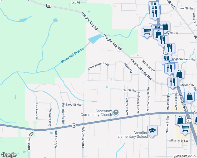 map of restaurants, bars, coffee shops, grocery stores, and more near 1200 Shawnee Drive Northwest in Hartselle