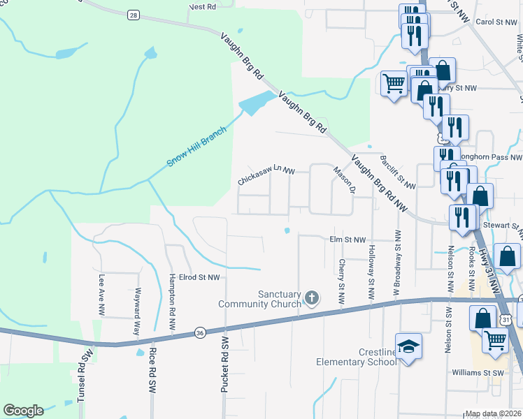 map of restaurants, bars, coffee shops, grocery stores, and more near 1200 Shawnee Drive Northwest in Hartselle
